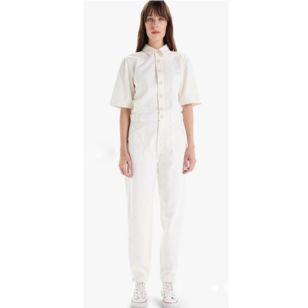 MOTHER Elbow Grease Jumpsuit Flood Ivory Denim Utility Coverall Womens S